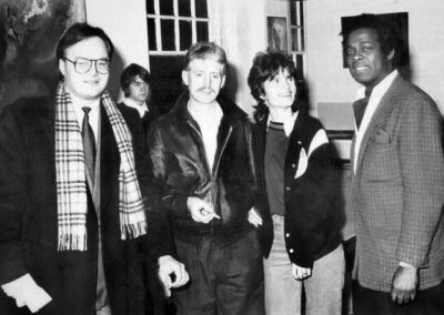 Winston with friends, Whitfield Place exhibition, London, UK, 1982