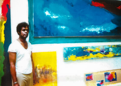 Winston in studio with his paintings, Kings Road, Chelsea, London, 1991
